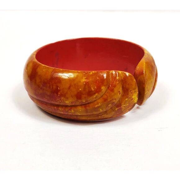 Vintage Handmade Thick Wooden Chunky Cuff Bracelet Handpainted Hippie Boho 70's - Picture 1 of 8
